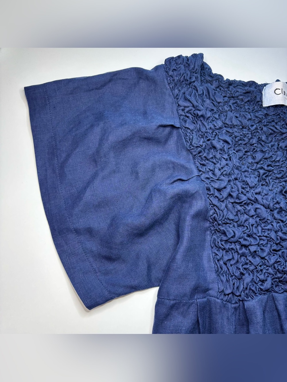 Claude Tulum 100% Linen Navy Ruffle Pocket Mini Dress One Size - Picture 11 of 16